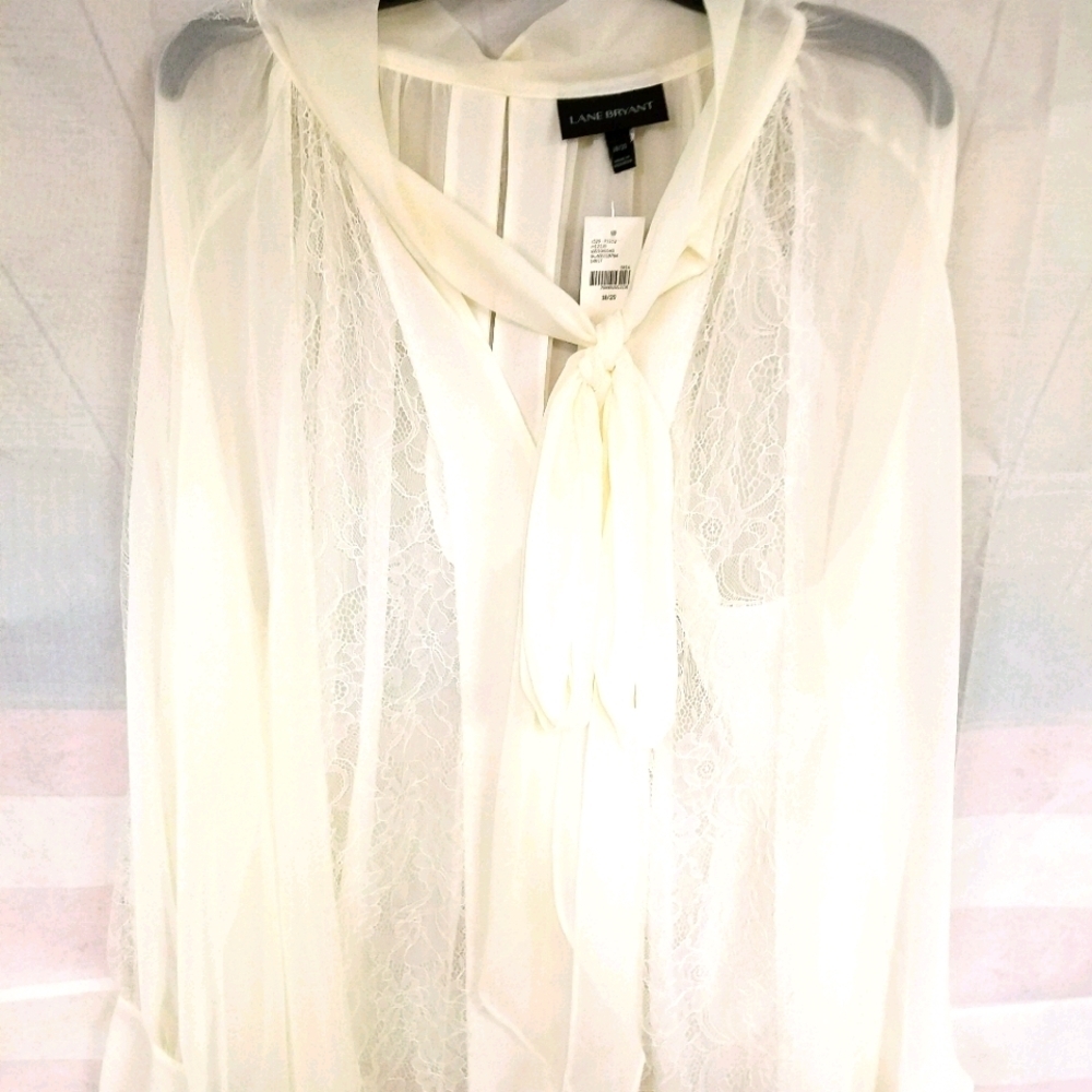 Lane Bryant Sheer Lace Top Tie Neck Fabric Buttons